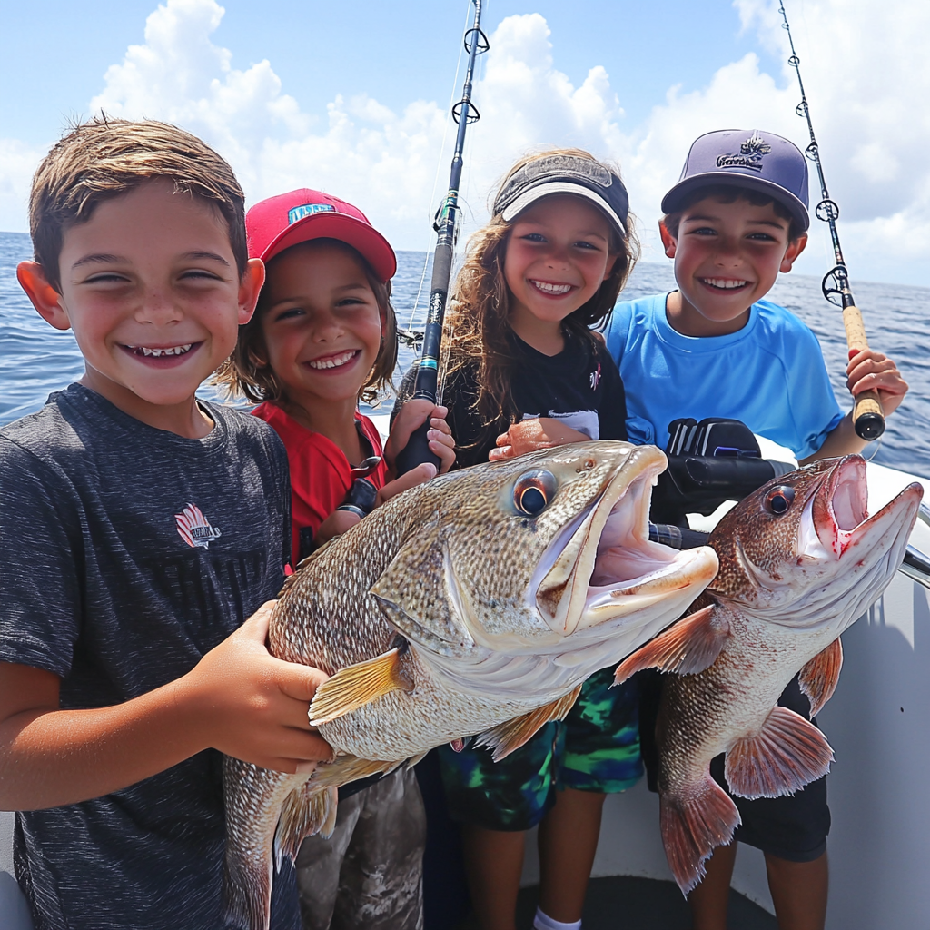 Kids smile after catching grouper off the coast of Miami Beach. 