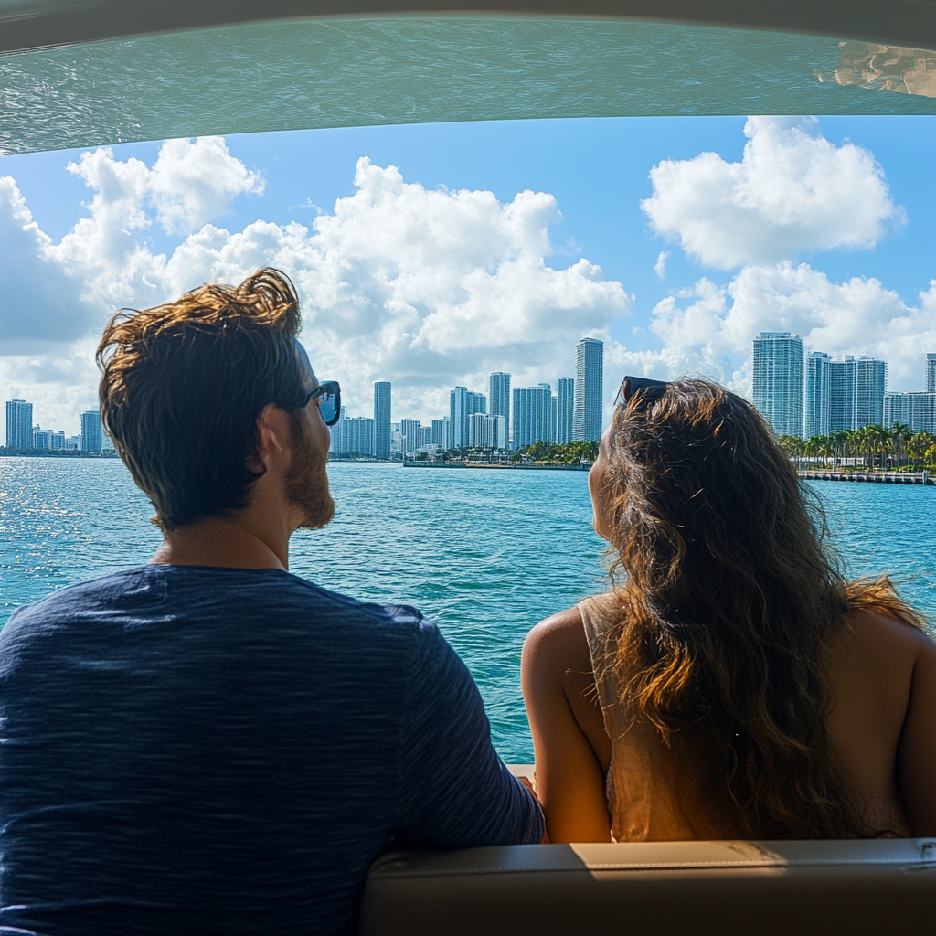 A couple looks out on the soaring buildings from a sightseeing cruise in the bay. 